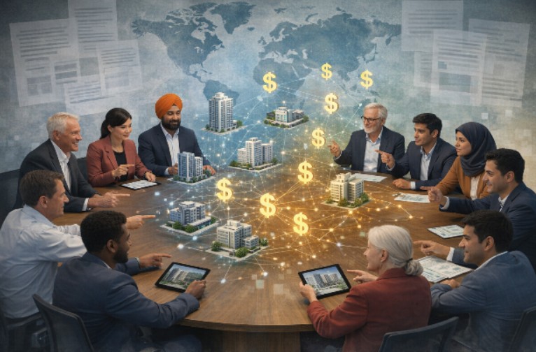 A round-table illustration of professionals from various backgrounds in financial planning strategy.